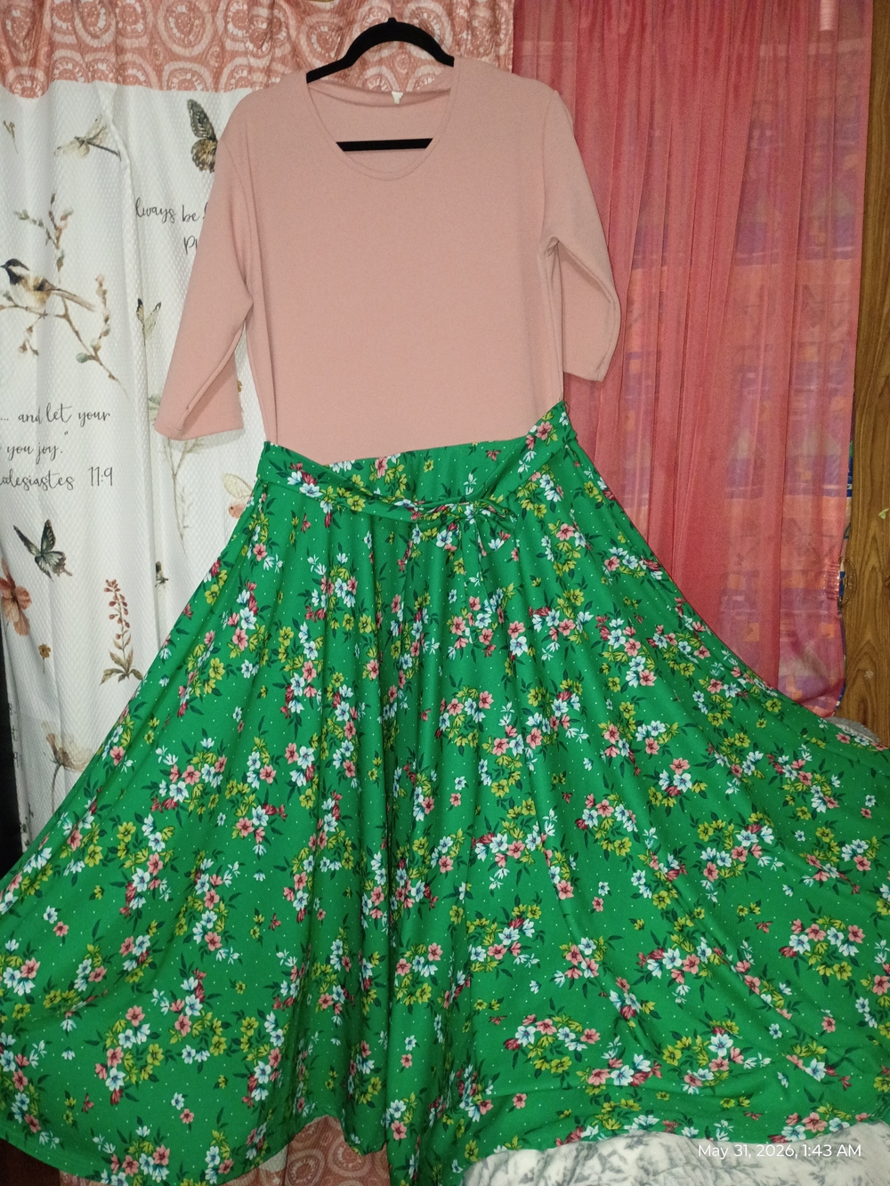 Green Floral Circle Skirt with Waist Tie
